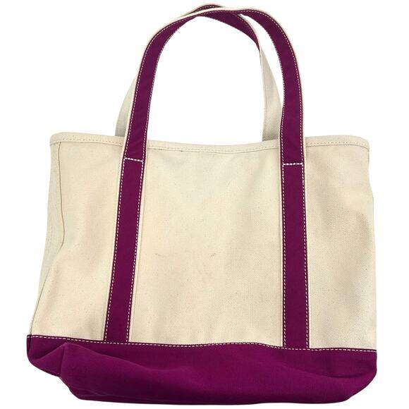 Lands' End Medium 5 Pocket Open Top Long Handle Canvas Tote Bag Ivory Magenta - Picture 3 of 10